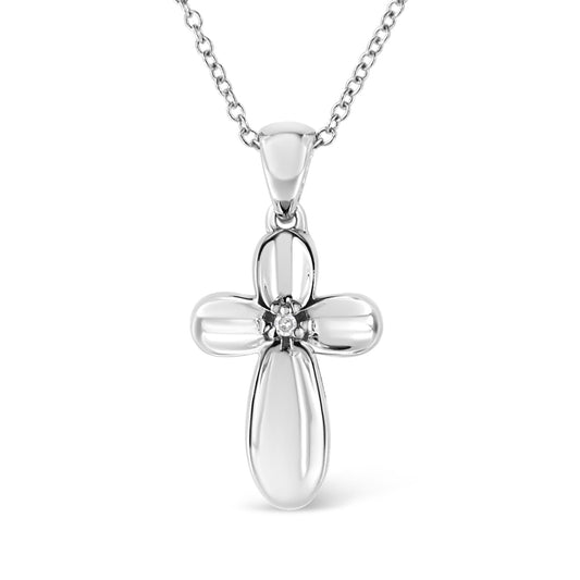 .925 Sterling Silver Prong-Set Diamond Accent Floral Cross 18in Pendant Necklace (I-J Color, I1-I2 Clarity)