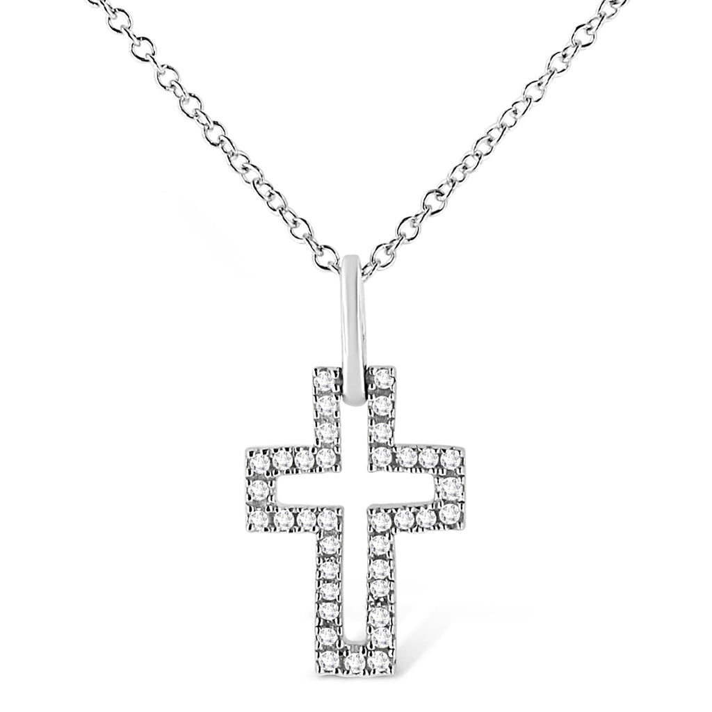 .925 Sterling Silver 1/10 cttw Pave-Set Round-Cut Diamond Open Cross 18in Pendant Necklace (I-J Color, I1-2 Clarity)