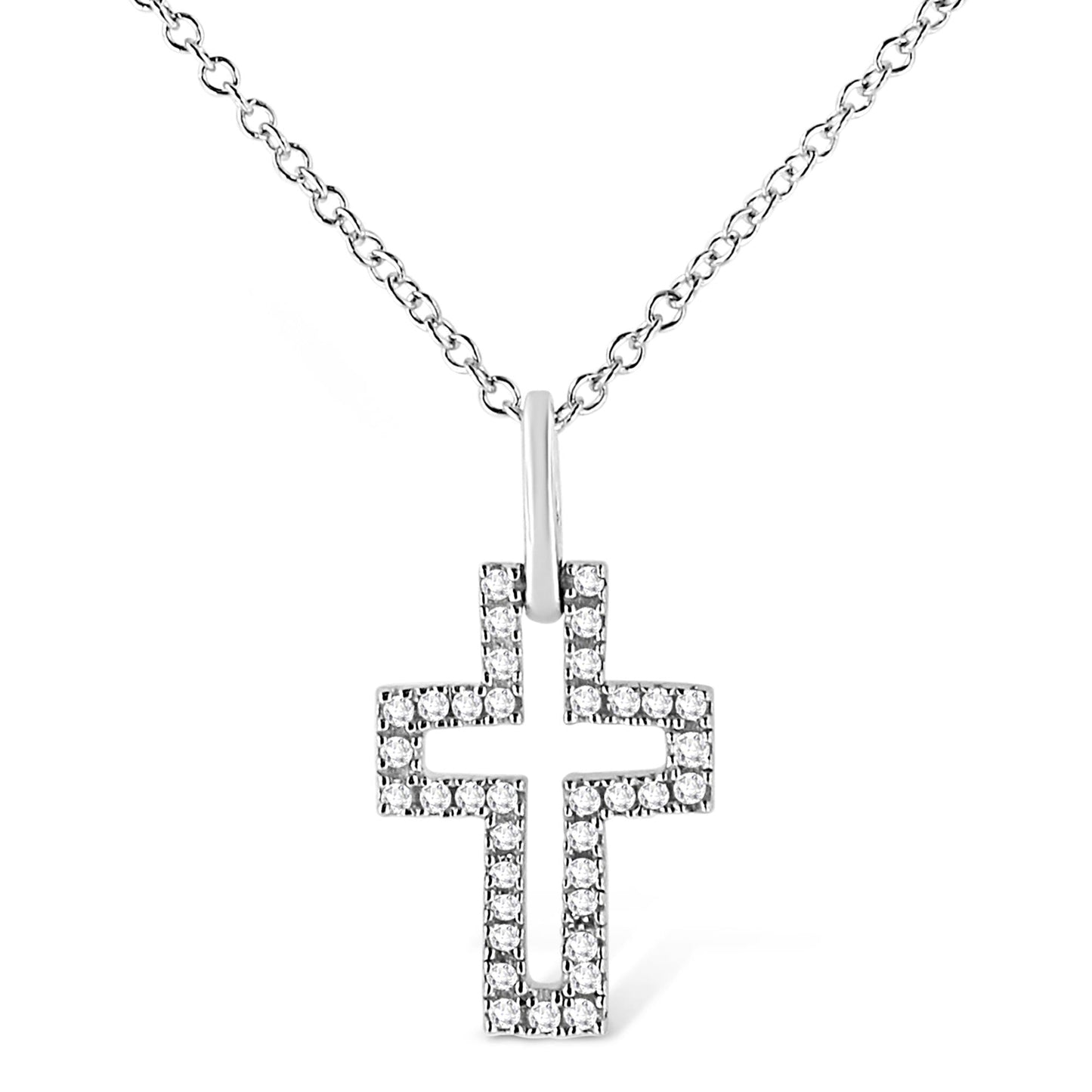 .925 Sterling Silver 1/10 cttw Pave-Set Round-Cut Diamond Open Cross 18in Pendant Necklace (I-J Color, I1-2 Clarity)