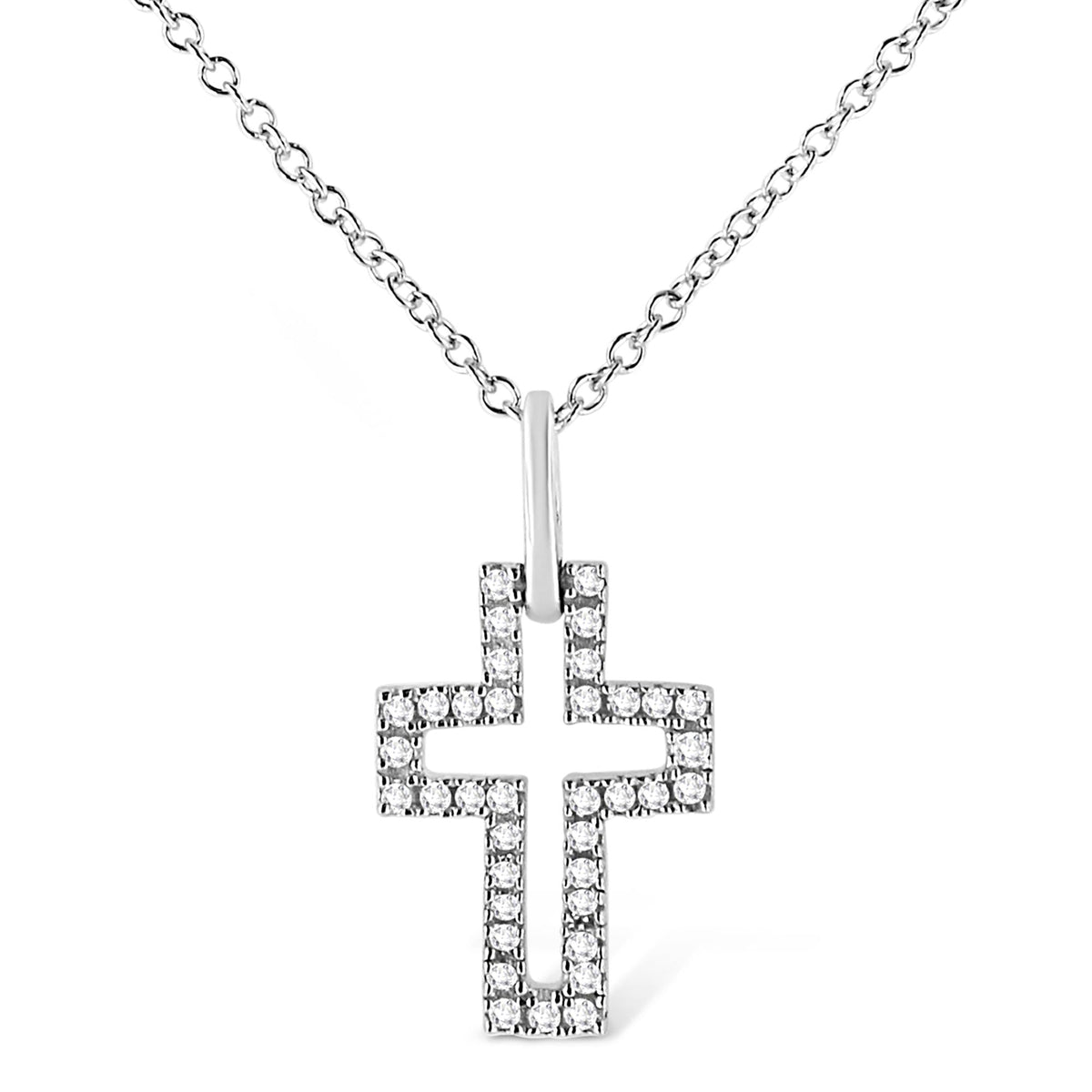 .925 Sterling Silver 1/10 cttw Pave-Set Round-Cut Diamond Open Cross 18in Pendant Necklace (I-J Color, I1-2 Clarity)