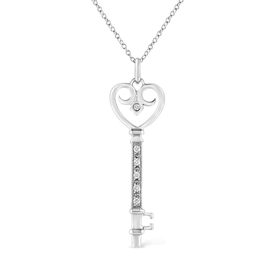 .925 Sterling Silver Pave and Bezel-Set Diamond Accent Key 18in Heart and Lock Pendant Necklace (K-L Color, I1-I2 Clarity)