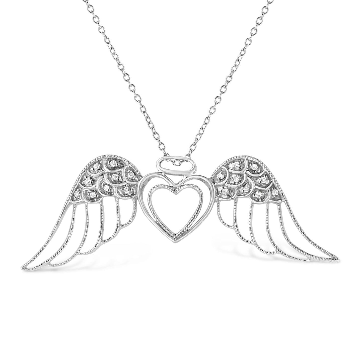 .925 Sterling Silver Pave-Set Diamond Accent Angel Wing 18in Double Heart Pendant Necklace (I-J Color, I1-I2 Clarity)