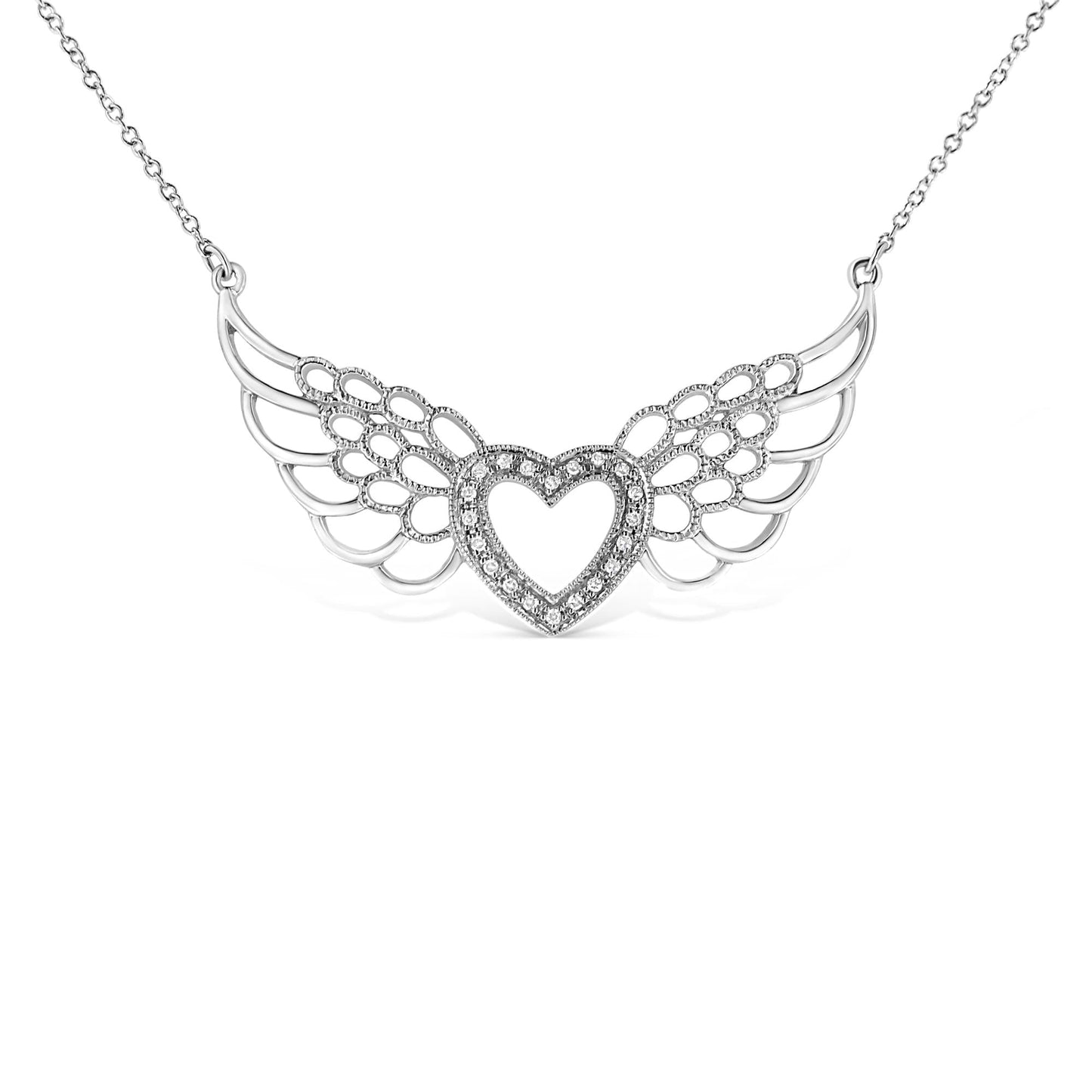 .925 Sterling Silver Pave-Set Diamond Accent Fairy Wing 18in Heart Pendant Necklace (I-J Color, I1-I2 Clarity)