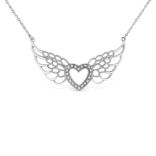 .925 Sterling Silver Pave-Set Diamond Accent Fairy Wing 18in Heart Pendant Necklace (I-J Color, I1-I2 Clarity)