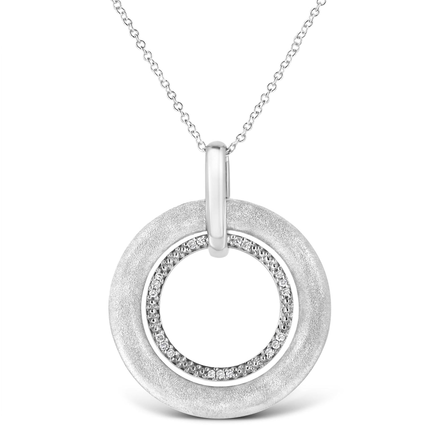 .925 Sterling Silver Prong-Set Diamond Accent Satin Finished Double Circle 18in Pendant Necklace (I-J Color, I1-I2 Clarity)