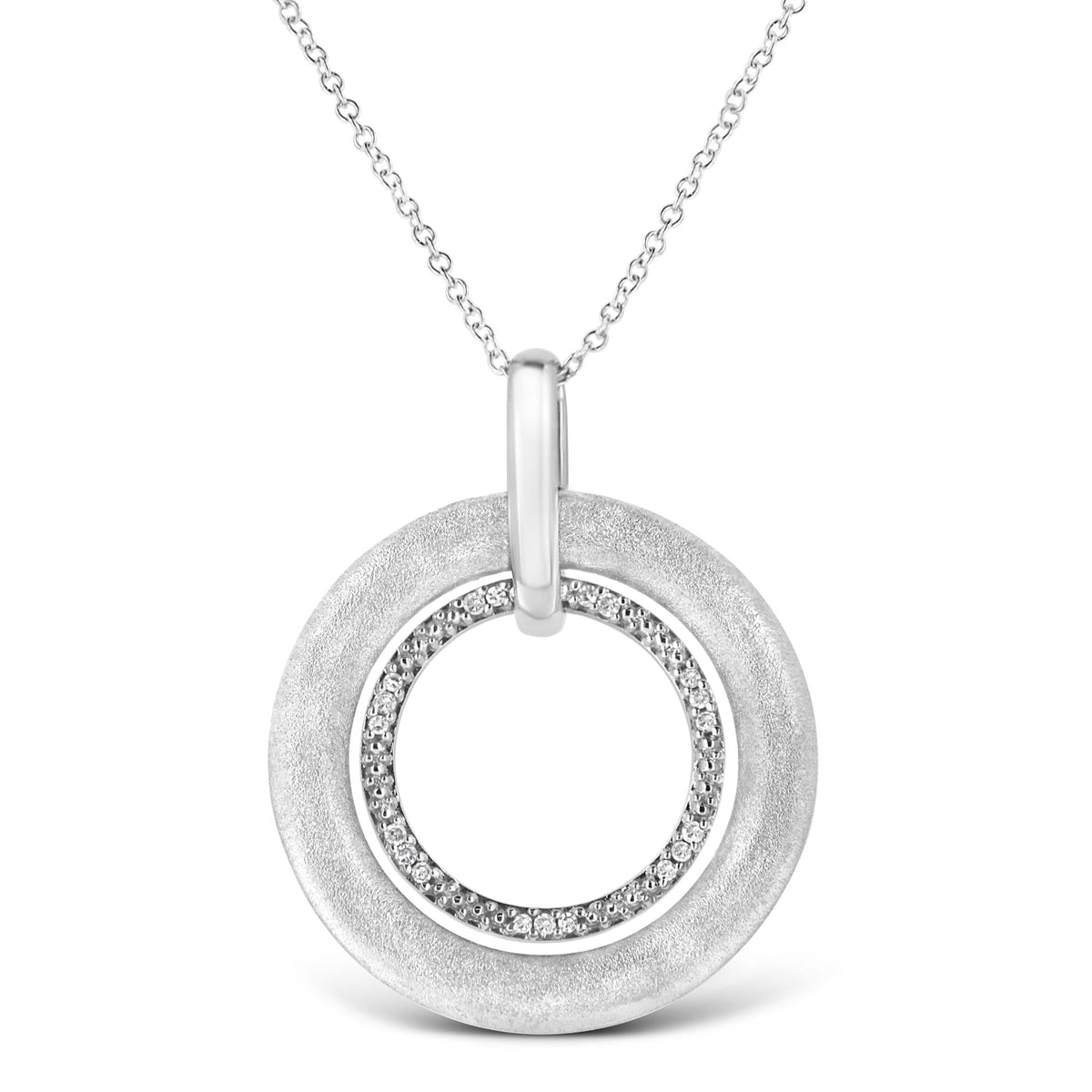 .925 Sterling Silver Prong-Set Diamond Accent Satin Finished Double Circle 18in Pendant Necklace (I-J Color, I1-I2 Clarity)