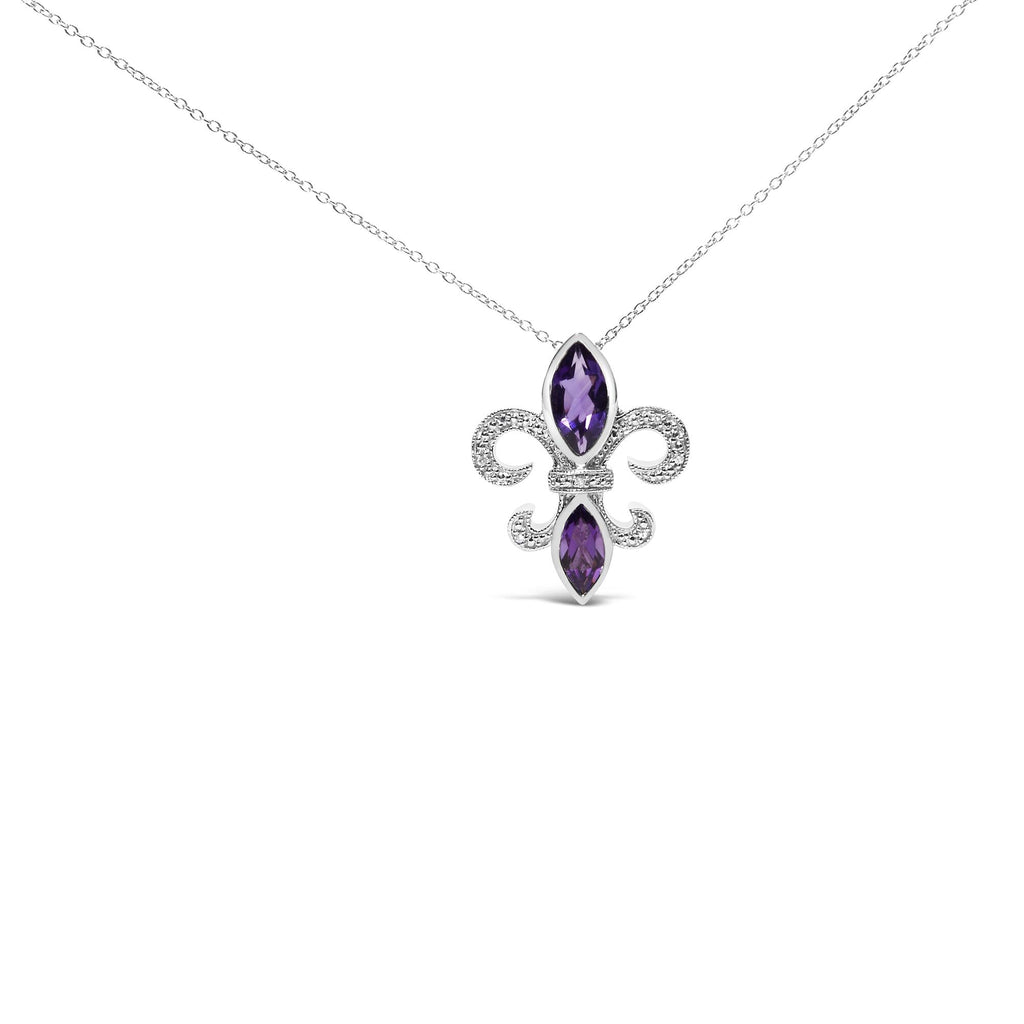 Silver necklace with a purple gemstone pendant on a white background