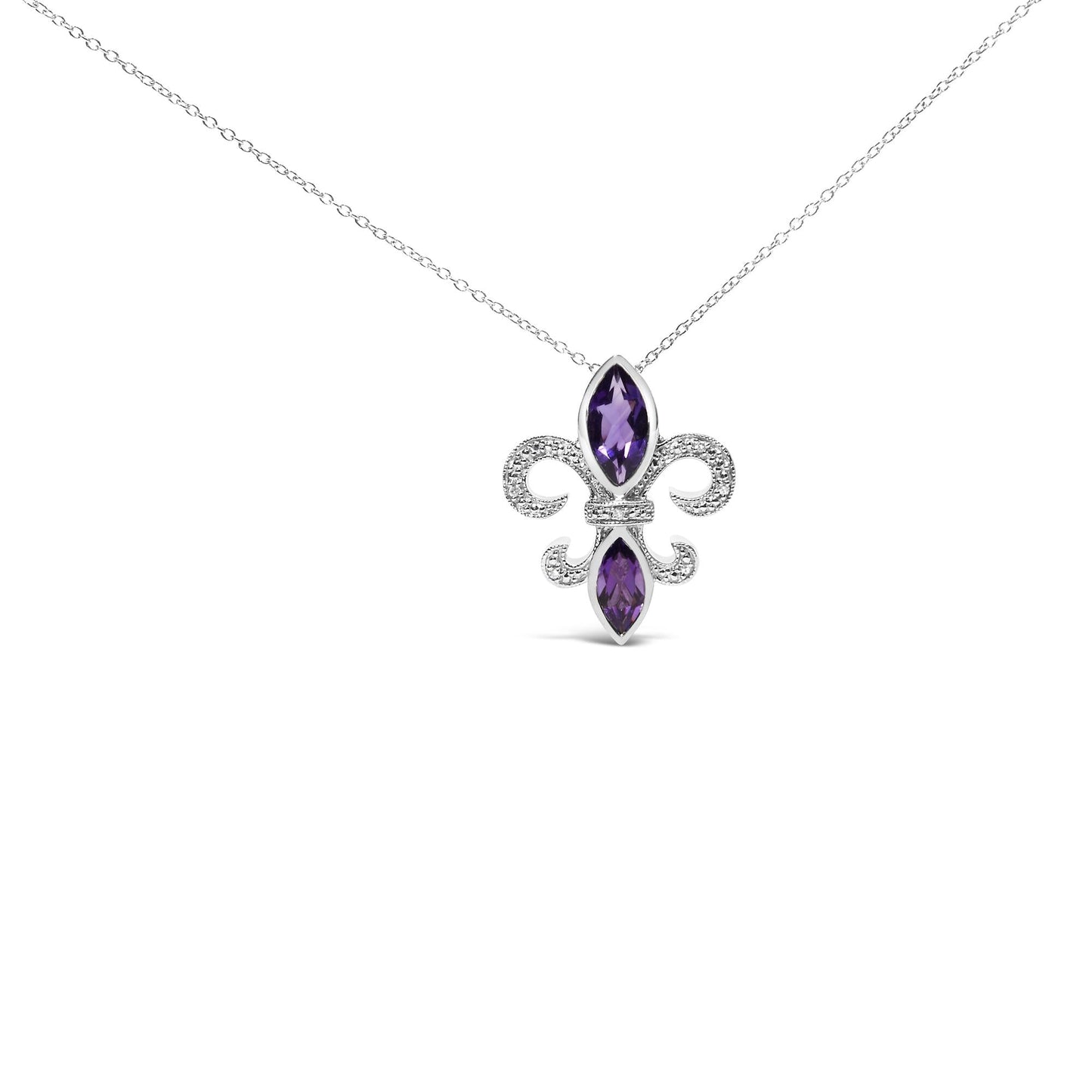 Silver necklace with a purple gemstone pendant on a white background