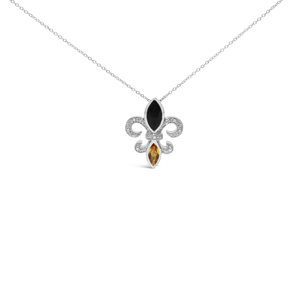.925 Sterling Silver Marquise Onyx and Citrine and Diamond Accent Fleur De Lis Pendant Necklace (H-I Color, SI1-SI2 Clarity) - 18in