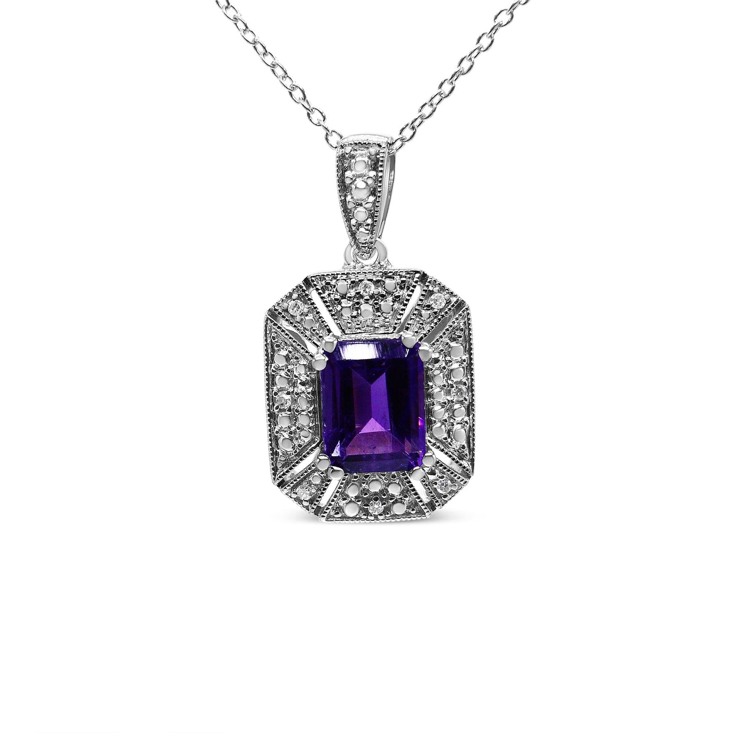 .925 Sterling Silver Purple Amethyst and Diamond Accent Art Deco Style 18in Pendant Necklace (I-J Color, I1-I2 Clarity)