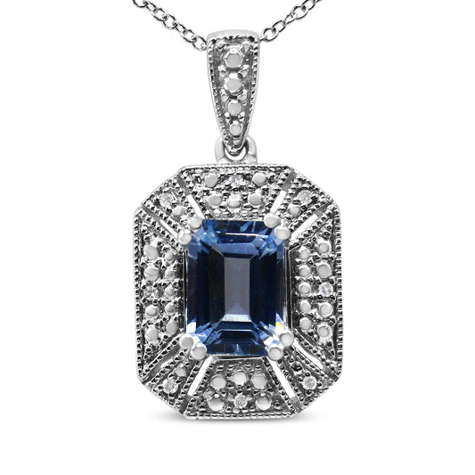 .925 Sterling Silver Blue Topaz and Diamond Accent Art Deco Style 18in Pendant Necklace (I-J Color, I1-I2 Clarity)