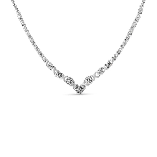 .925 Sterling Silver 1/2 cttw Prong Set Round Diamond Graduated Cluster and Heart Center 18in Statement Necklace (I-J Color, I3 Clarity)
