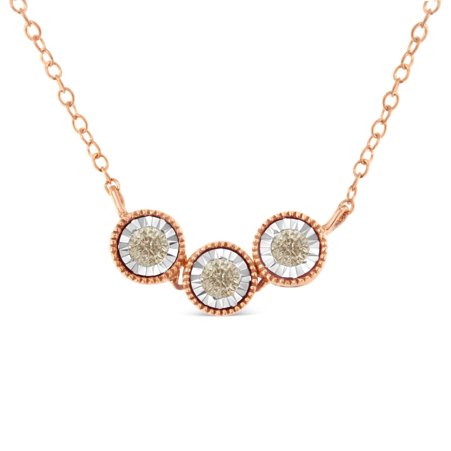 10K Rose and White Gold Plated .925 Sterling Silver 1/4 Cttw Miracle-Set Champagne Diamond Triple Circle 18in Necklace (I2-I3 Clarity)
