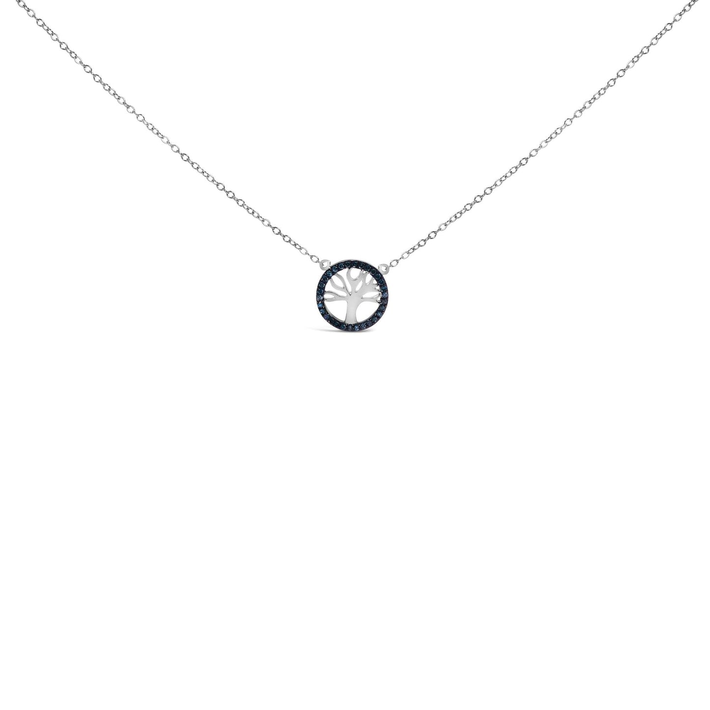 .925 Sterling Silver 1/6 Cttw Blue Diamond Tree of Life and Circle 18in Pendant Necklace (Blue Color, SI1-SI2 Clarity)