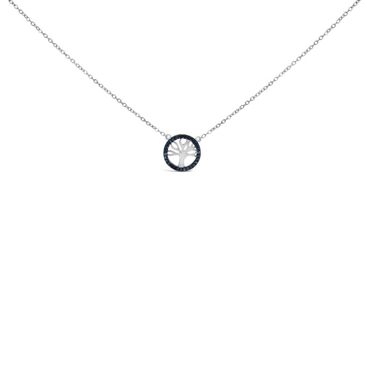 .925 Sterling Silver 1/6 Cttw Blue Diamond Tree of Life and Circle 18in Pendant Necklace (Blue Color, SI1-SI2 Clarity)