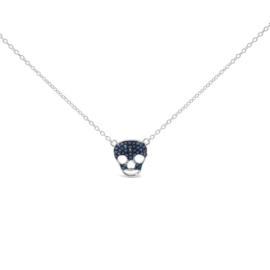 .925 Sterling Silver 1/7 Cttw Blue Diamond Skull Pendant Necklace (Blue Color, SI1-SI2 Clarity) - 18in