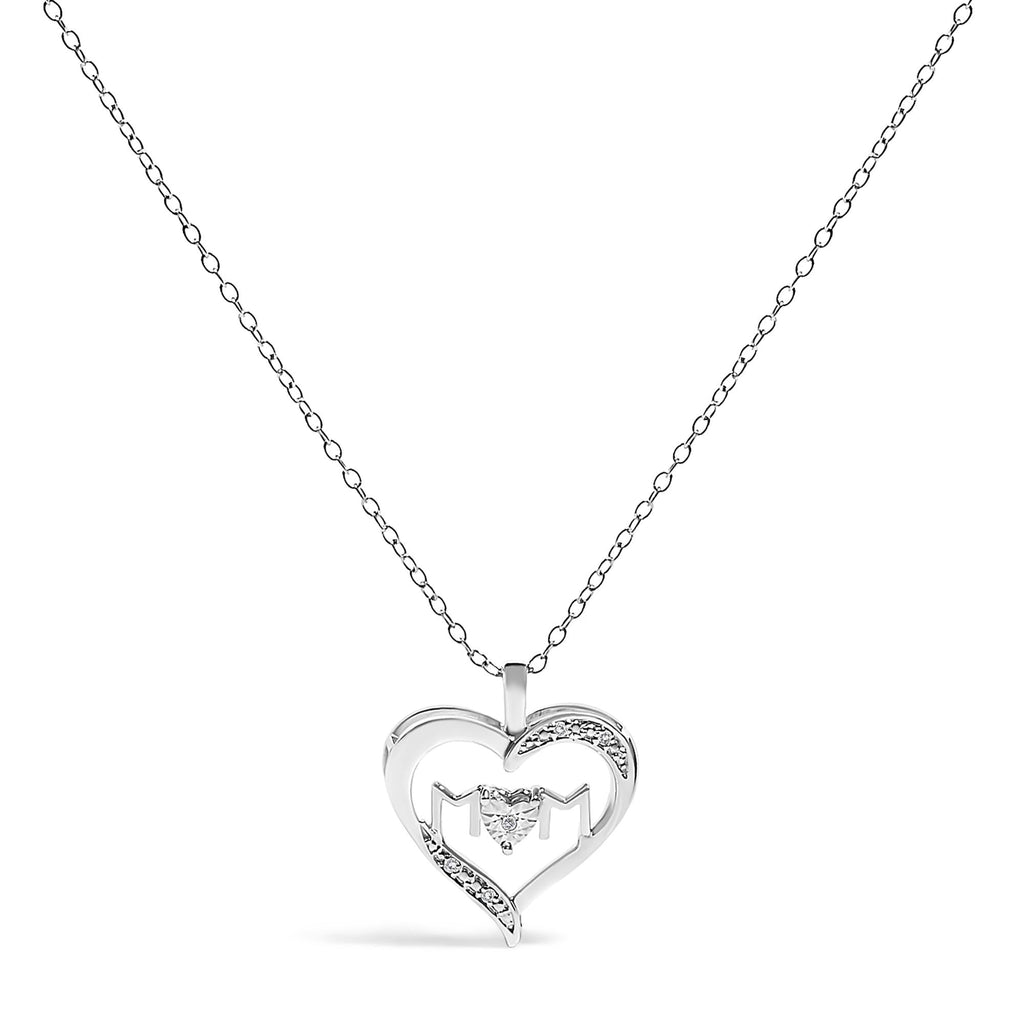 .925 Sterling Silver Diamond Accent MOM with Heart Pendant Necklace (J-K Color, I2-I3 Clarity) - 18 Inches