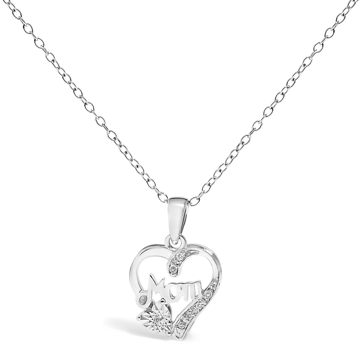 .925 Sterling Silver Diamond Accent Mom with Heart Pendant Necklace (J-K Color, I2-I3 Clarity) - 18 inches