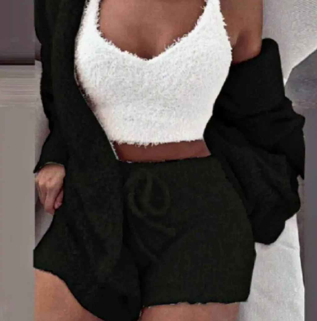Cloud Nine Cozy: 3-Piece Fuzzy Pajama Set with Long-Sleeve Cardigan