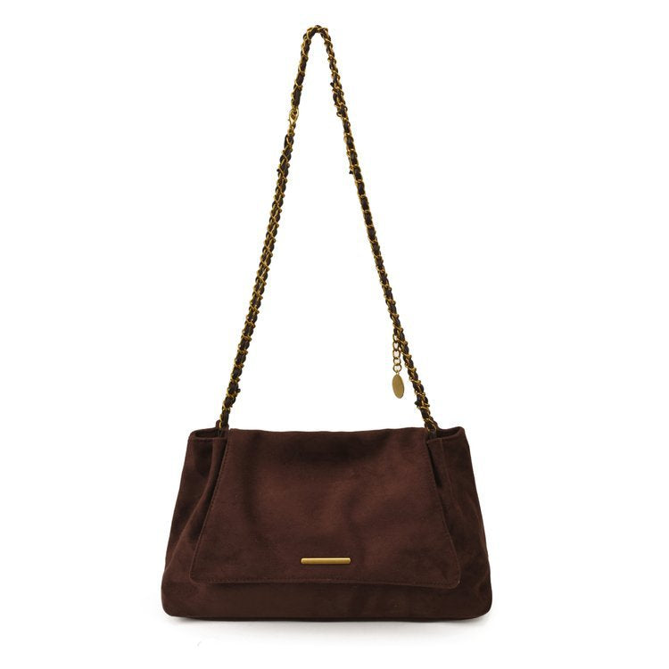 Brown handbag with a chain strap on a white background