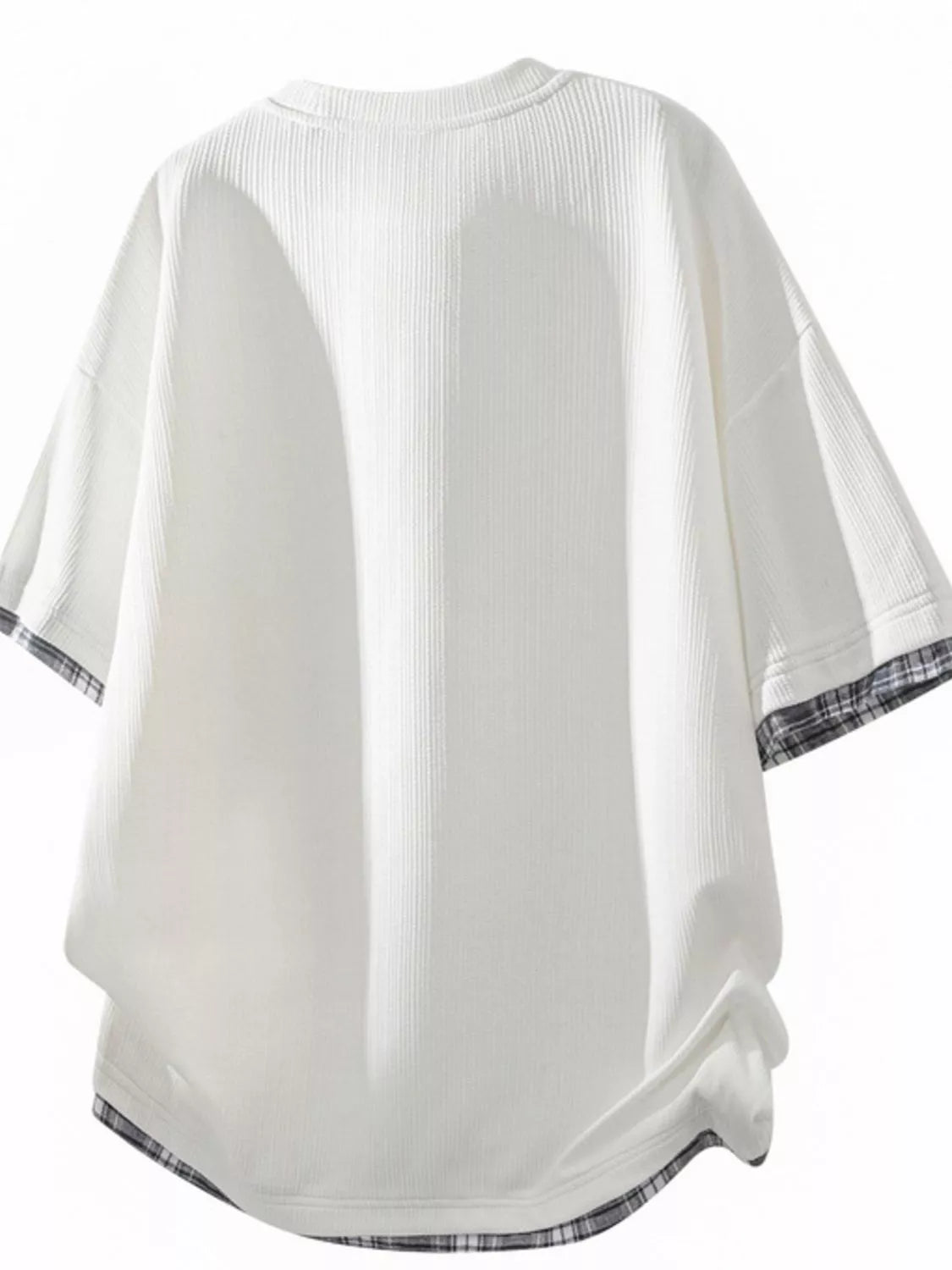 Men's Short Sleeve Plaid Trim white T-Shirt back view