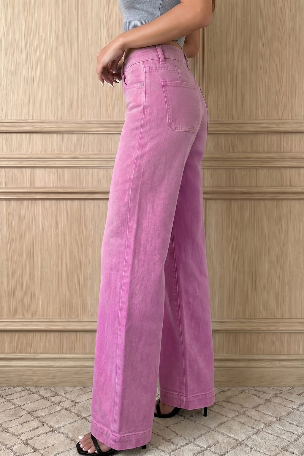 Model wearing pink wide-leg jeans see view