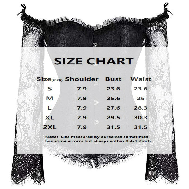 Black lace corset with size chart on a white background