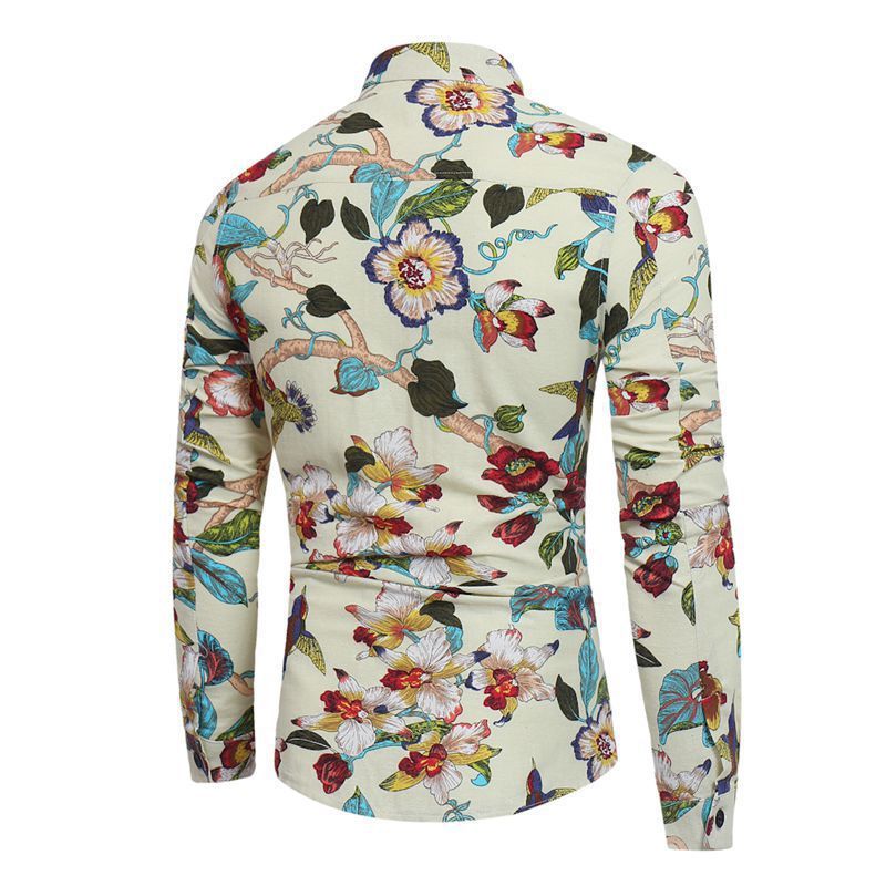 Back view of Men's casual shirt with creamy-white background and colorful hummingbird and floral print