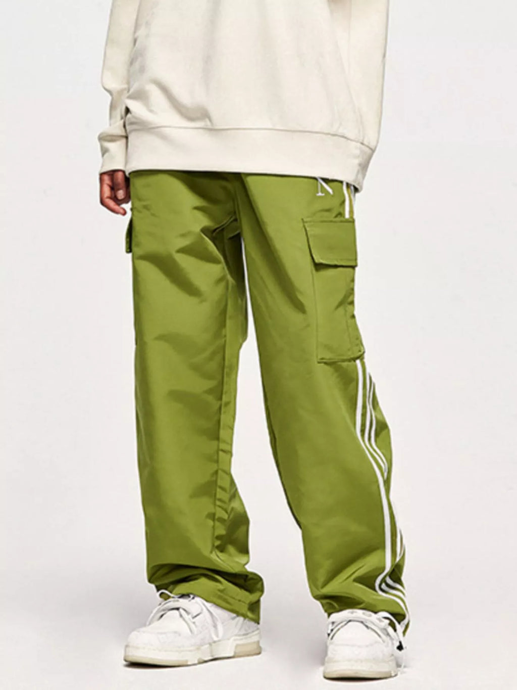 Model wearing avocado green Men's Side Striped Cargo Pants