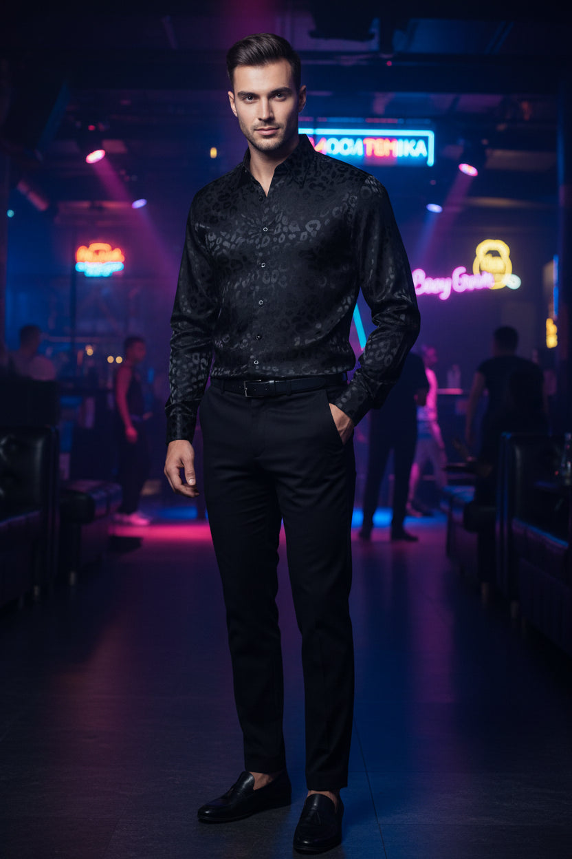 Model wearing a Black Leopard pattern Button Down Satin Shirt  
