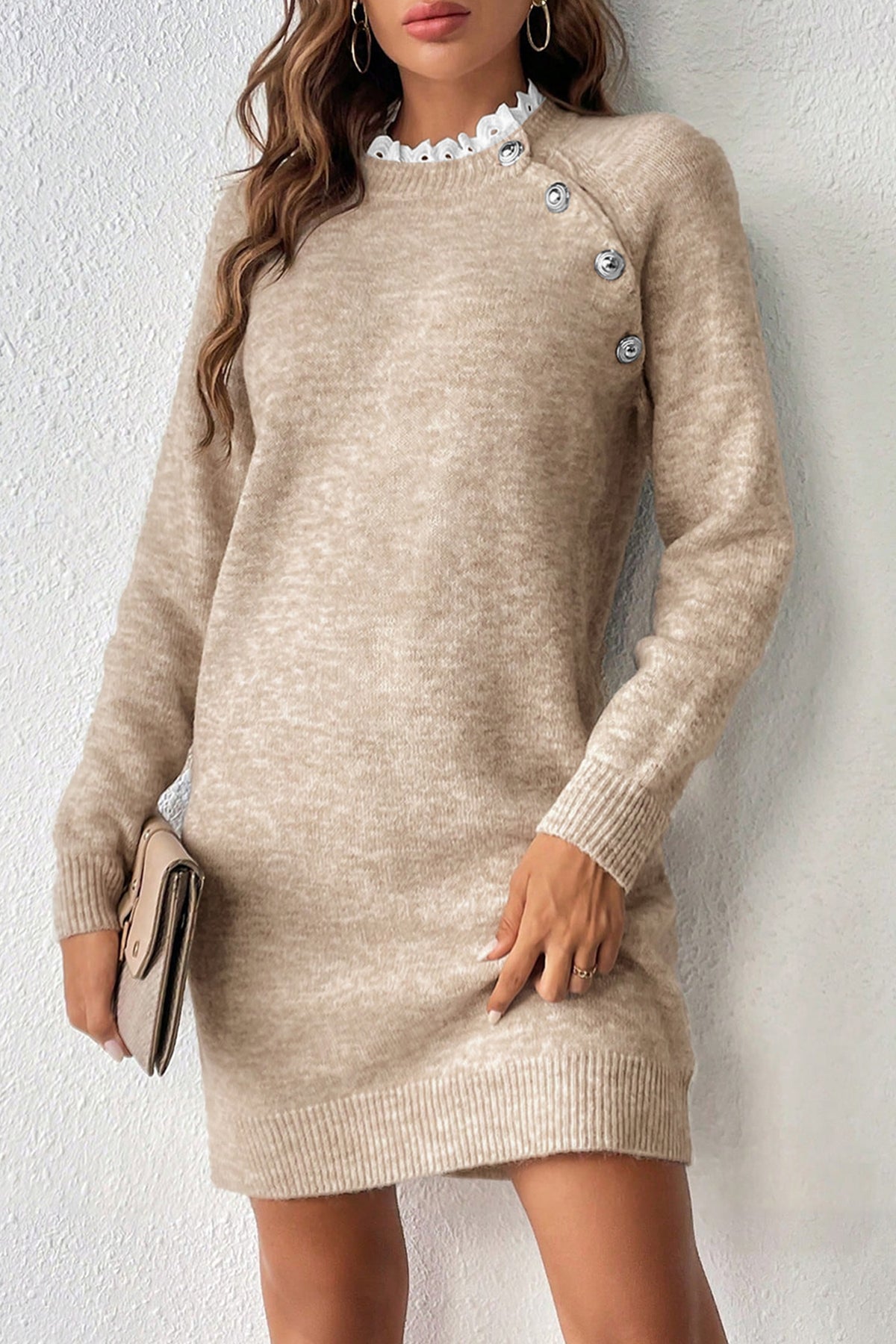 Model wearing a Beige Cross Shoulder Mini Sweater Dress. 