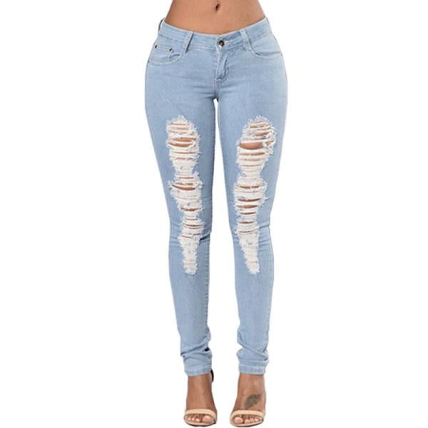 Get ready to channel your inner fashionista with our Ripped Ladies Denim Jeans. Made with durable denim, these jeans feature trendy rips and a unique rose label to add that perfect touch of edginess to any outfit. Stay confident and stylish with these must-have jeans.