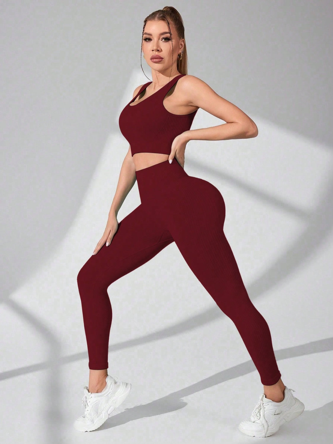 Women's Burgundy Scoop Neck Wide Strap Top and Pants Performance Set - Stylish and High-Performance Activewear-side view