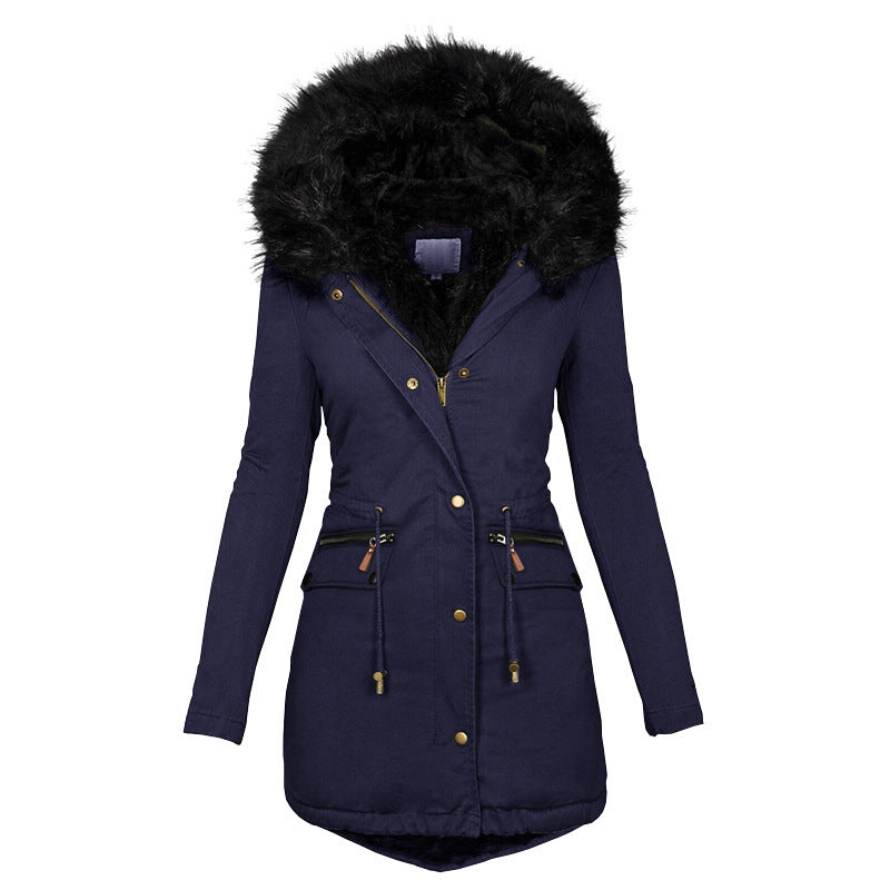Navy blue coat with black fur hood on a white background