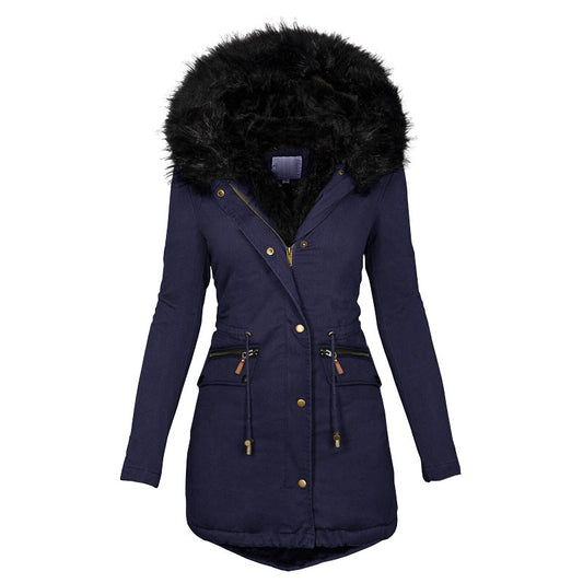 Navy blue coat with black fur hood on a white background