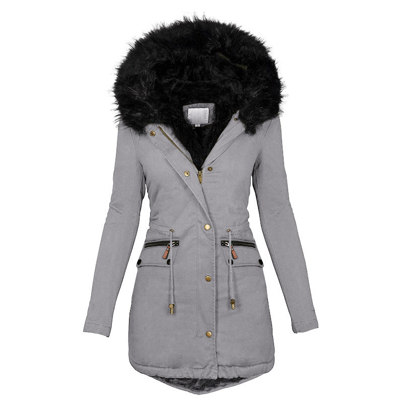 Gray parka coat with black fur hood on a white background