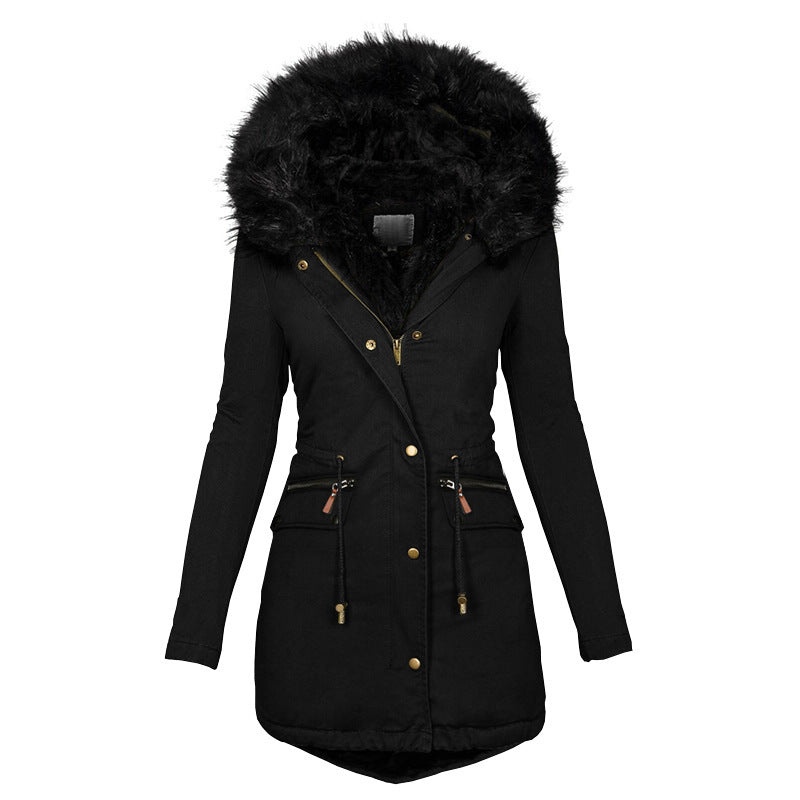 Black coat with fur hood on a white background