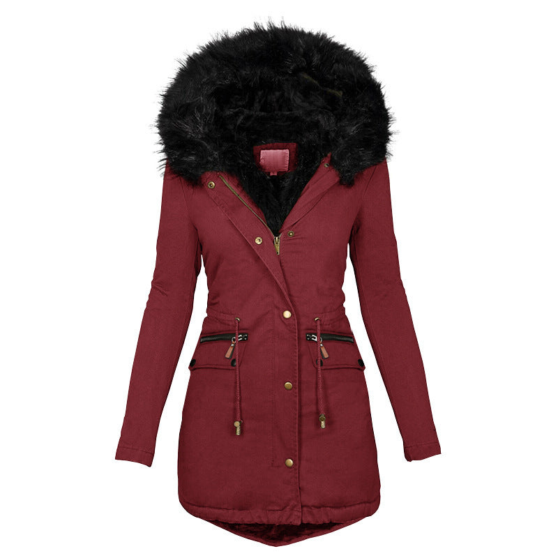 Red coat with black fur hood on a white background