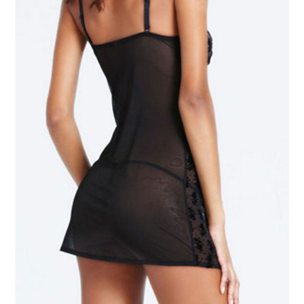 Black lace-trimmed nightgown on a plain background