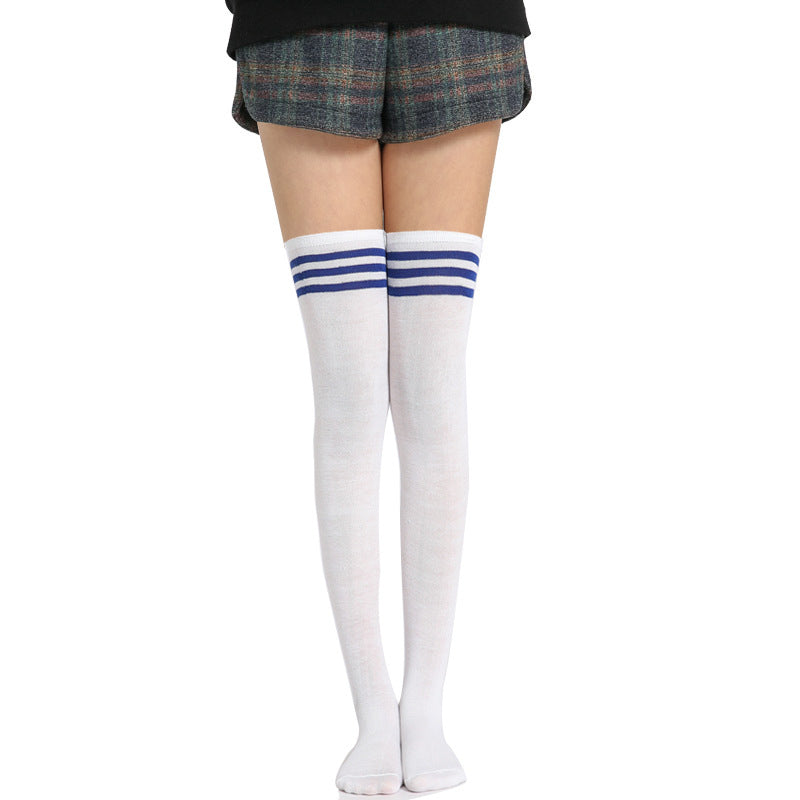 White knee-high socks with blue stripes worn with plaid shorts on a white background