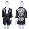 Black lace romper on a mannequin with front and back views against a white background