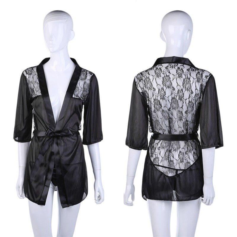 Black lace romper on a mannequin with front and back views against a white background