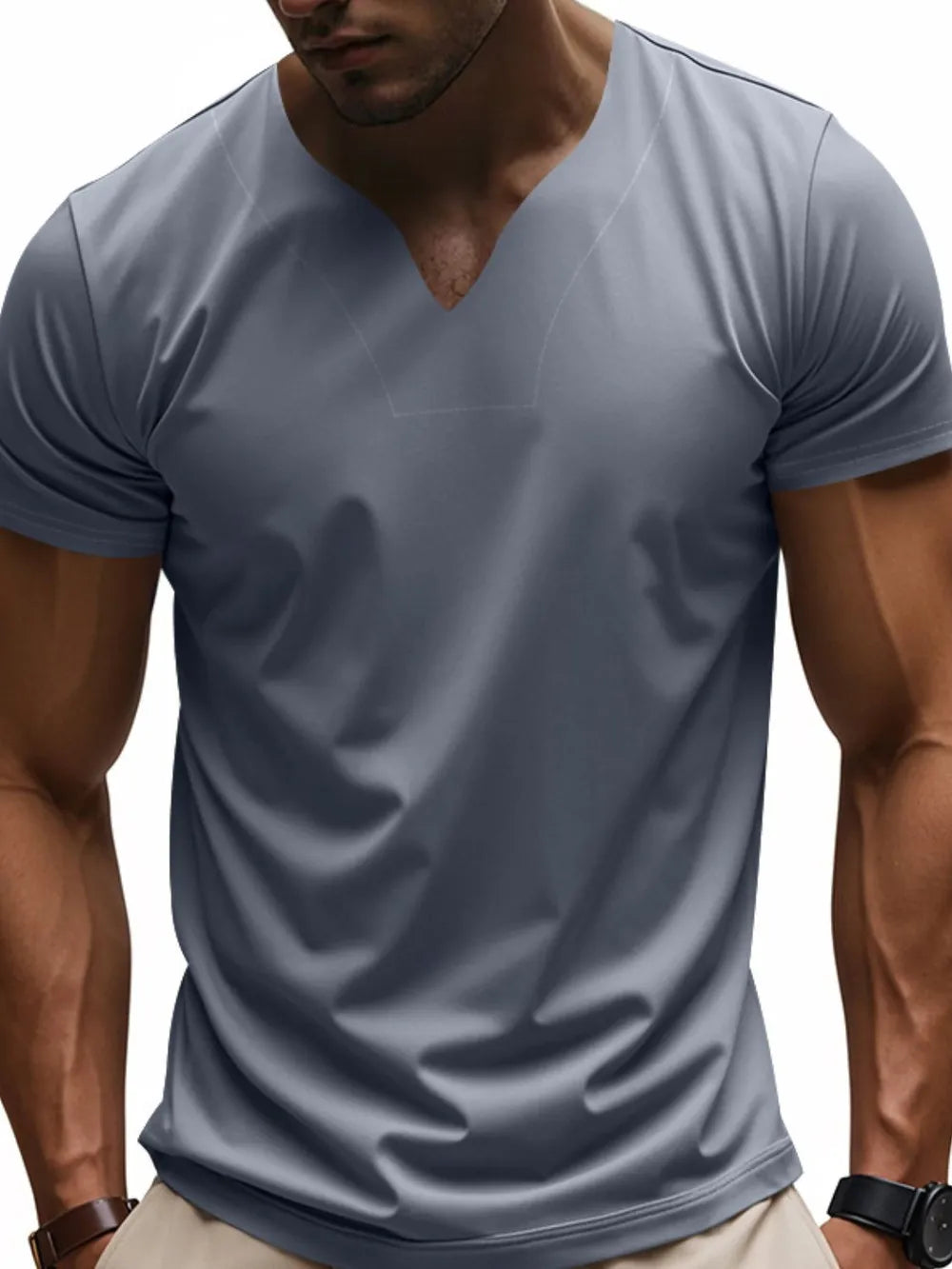 Model wearing a dark grey Men's Modern V-Neck Fitted Short Sleeve T-Shirt 