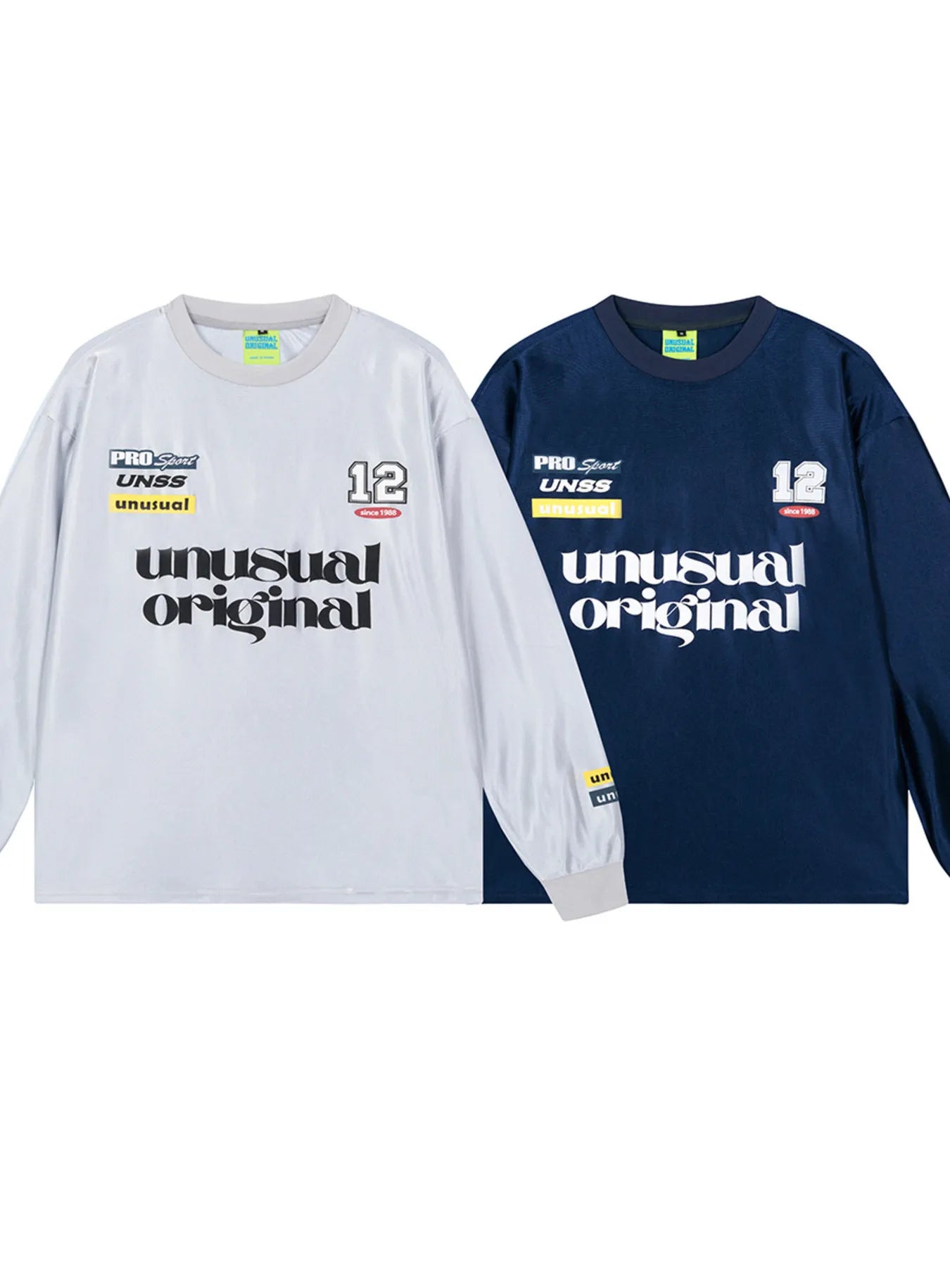 "Unusual Original" Graphic Sweatshirt navy blue and floral grey side by side view