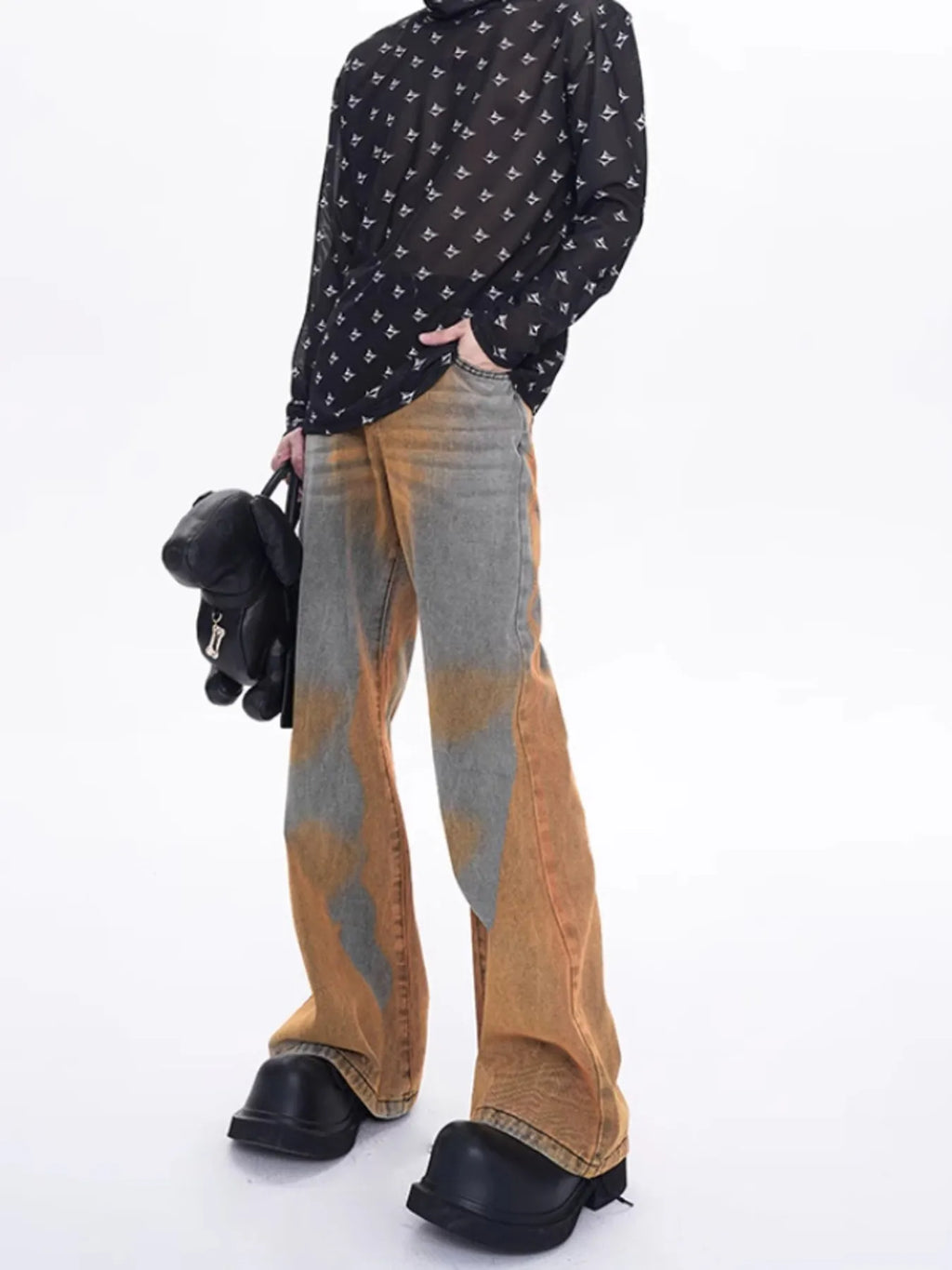 Men's Contrast Wide Leg Flare Whisker Jeans angle view