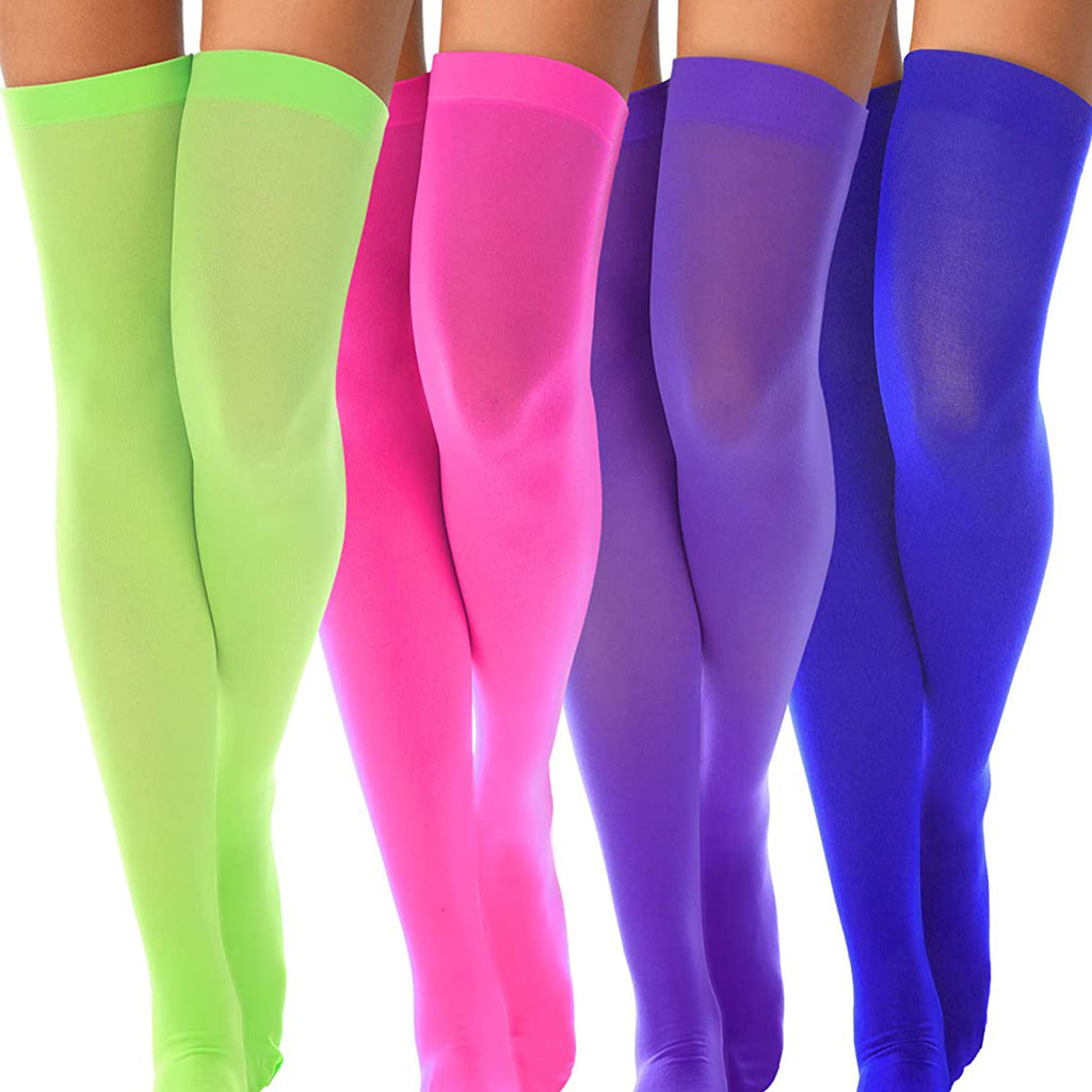 Four pairs of colorful knee-high socks in green, pink, purple, and blue on a white background.