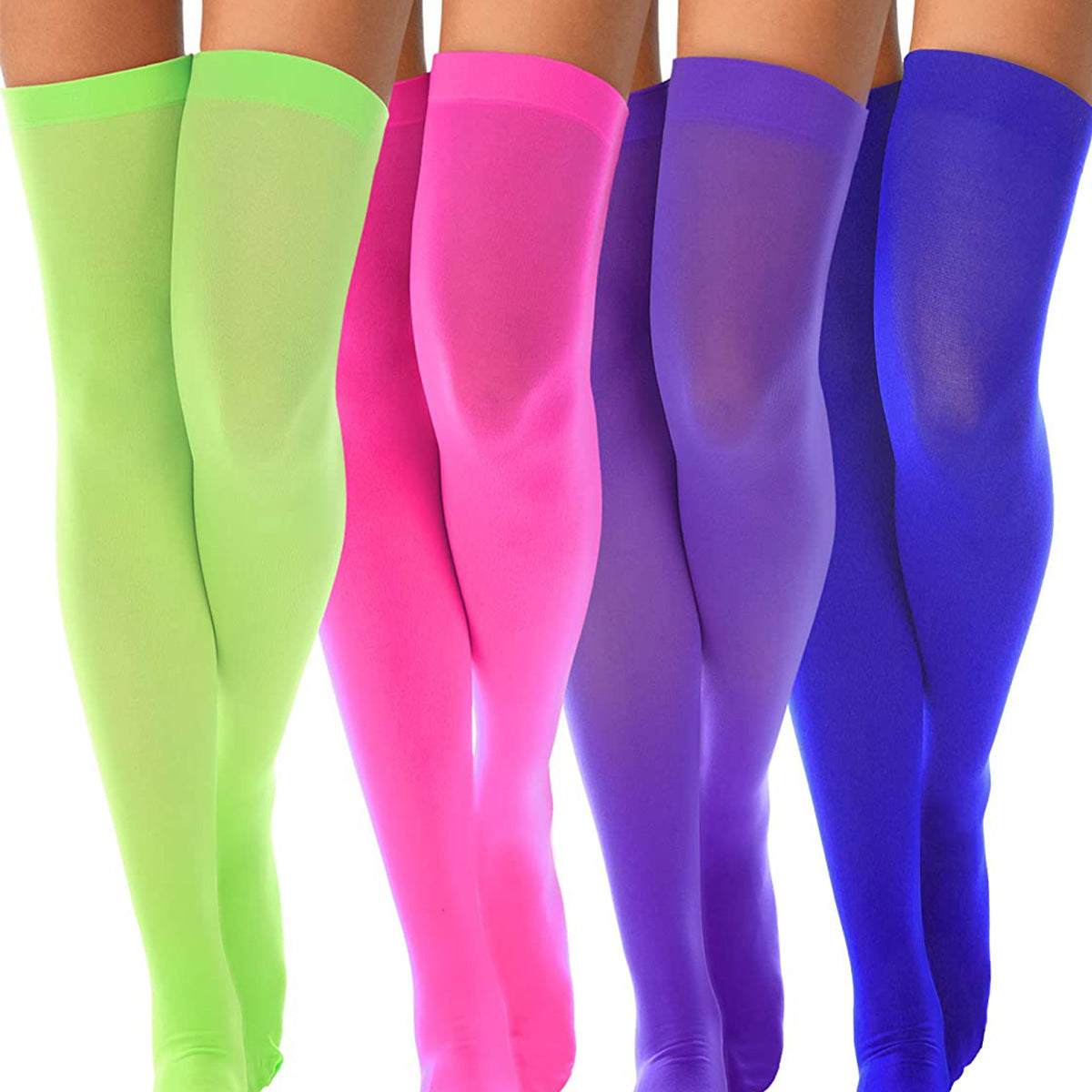 Four pairs of colorful knee-high socks in green, pink, purple, and blue on a white background.