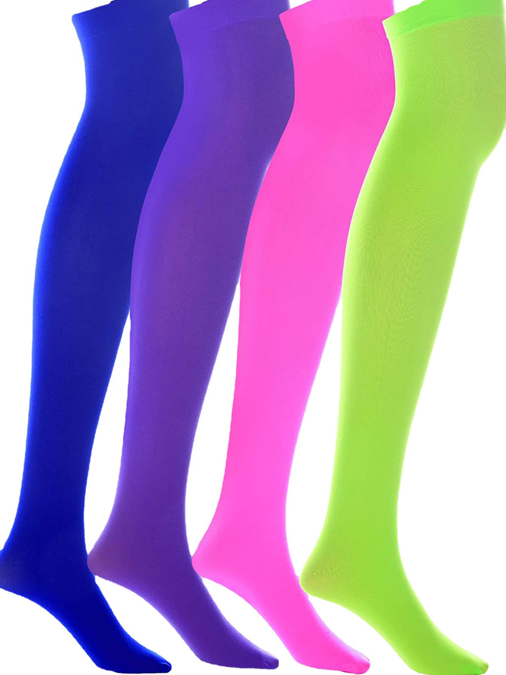 Four pairs of colorful knee-high socks in blue, purple, pink, and green on a white background.