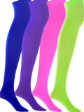 Four pairs of colorful knee-high socks in blue, purple, pink, and green on a white background.