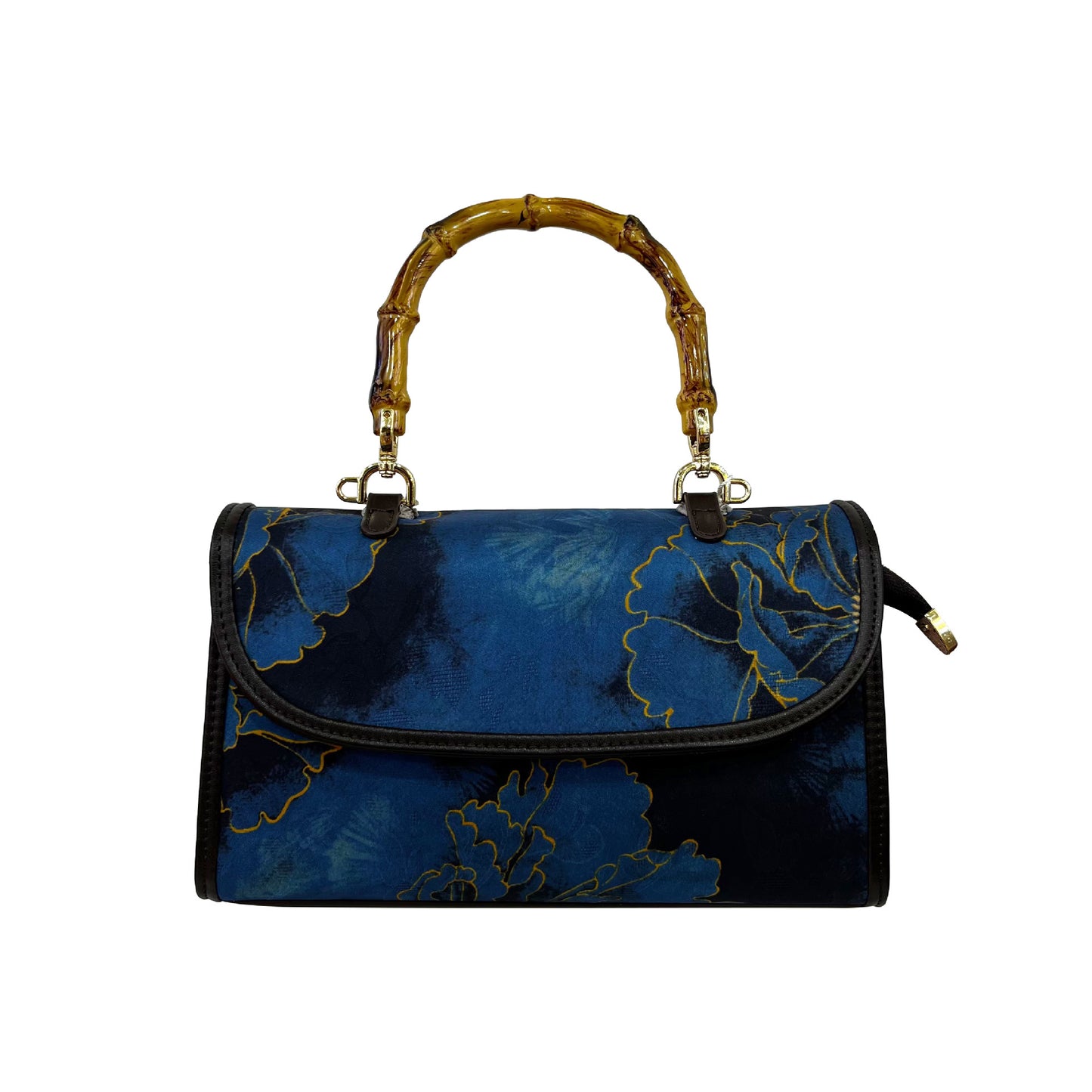 Blue handbag with floral design and bamboo handle on a white background